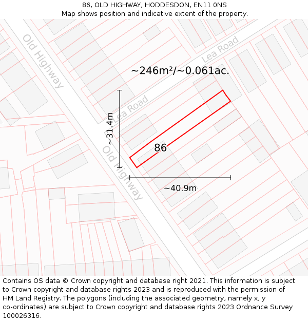 86, OLD HIGHWAY, HODDESDON, EN11 0NS: Plot and title map