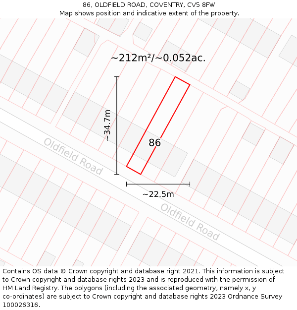 86, OLDFIELD ROAD, COVENTRY, CV5 8FW: Plot and title map