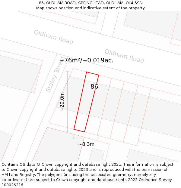86, OLDHAM ROAD, SPRINGHEAD, OLDHAM, OL4 5SN: Plot and title map