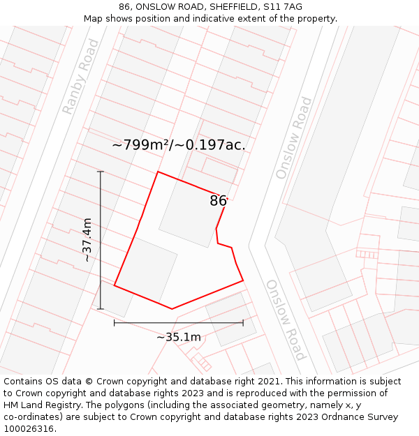 86, ONSLOW ROAD, SHEFFIELD, S11 7AG: Plot and title map