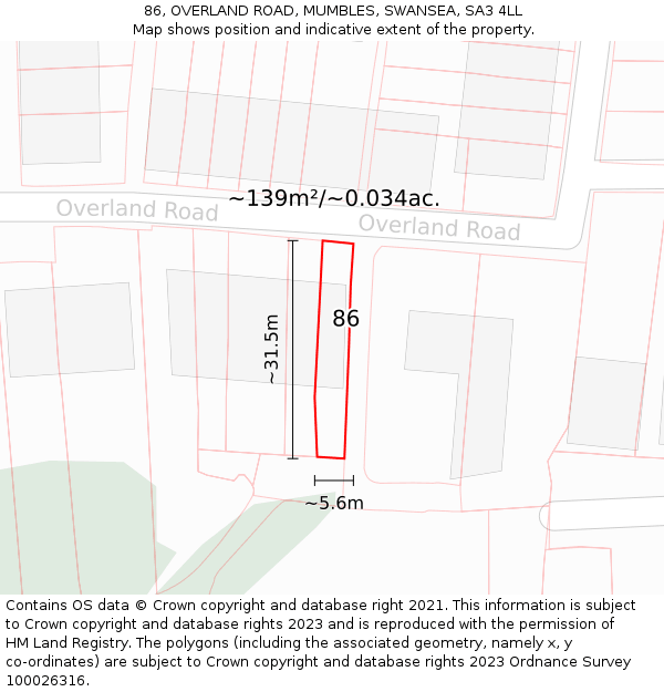 86, OVERLAND ROAD, MUMBLES, SWANSEA, SA3 4LL: Plot and title map