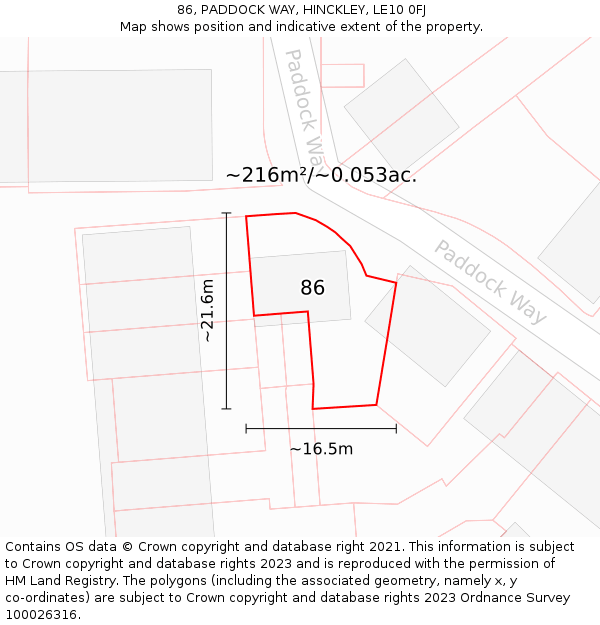 86, PADDOCK WAY, HINCKLEY, LE10 0FJ: Plot and title map