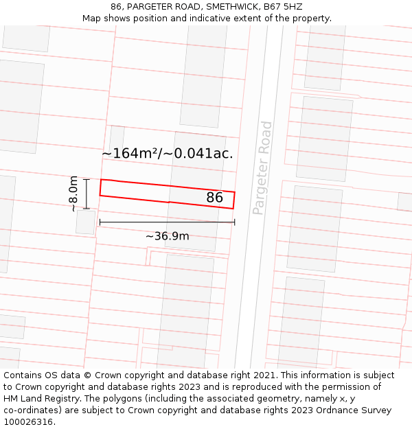 86, PARGETER ROAD, SMETHWICK, B67 5HZ: Plot and title map