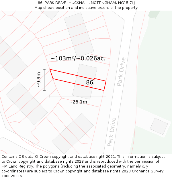 86, PARK DRIVE, HUCKNALL, NOTTINGHAM, NG15 7LJ: Plot and title map