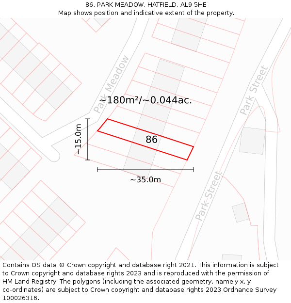 86, PARK MEADOW, HATFIELD, AL9 5HE: Plot and title map