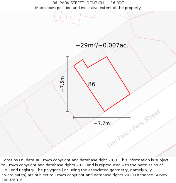 86, PARK STREET, DENBIGH, LL16 3DE: Plot and title map