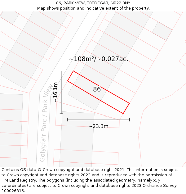 86, PARK VIEW, TREDEGAR, NP22 3NY: Plot and title map
