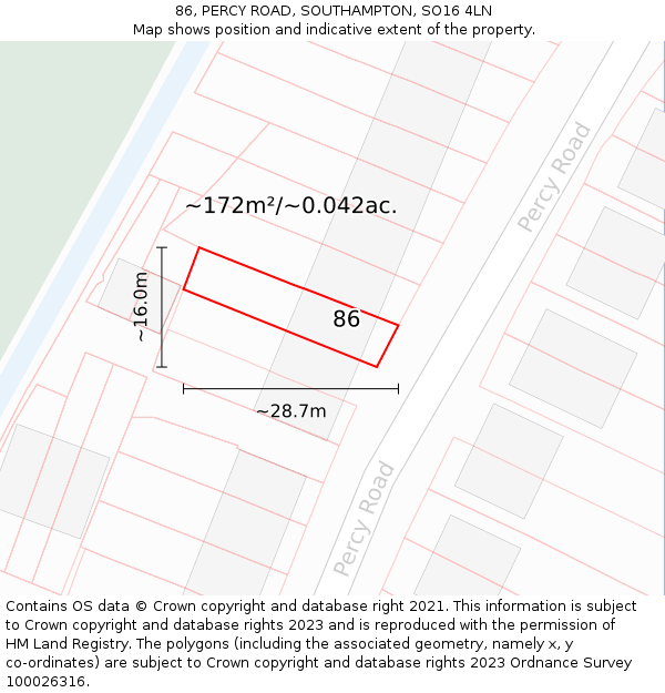 86, PERCY ROAD, SOUTHAMPTON, SO16 4LN: Plot and title map