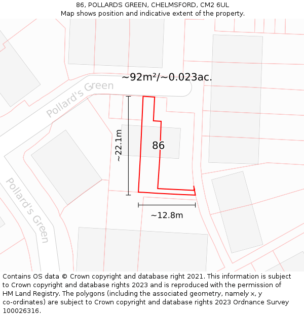 86, POLLARDS GREEN, CHELMSFORD, CM2 6UL: Plot and title map