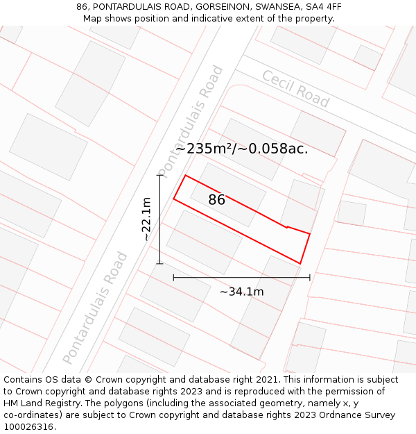 86, PONTARDULAIS ROAD, GORSEINON, SWANSEA, SA4 4FF: Plot and title map