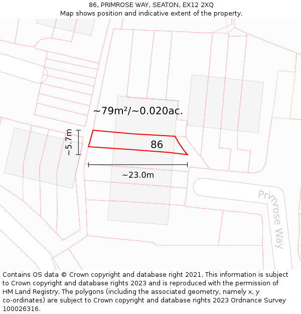 86, PRIMROSE WAY, SEATON, EX12 2XQ: Plot and title map