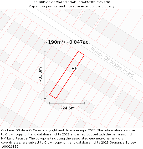 86, PRINCE OF WALES ROAD, COVENTRY, CV5 8GP: Plot and title map