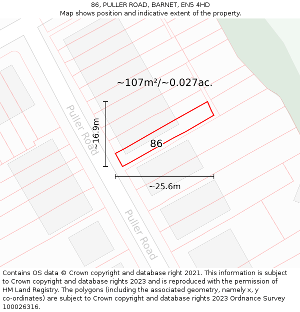 86, PULLER ROAD, BARNET, EN5 4HD: Plot and title map