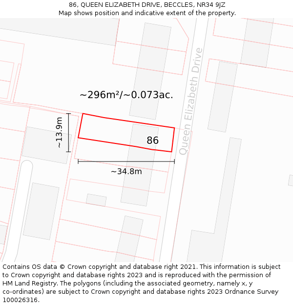 86, QUEEN ELIZABETH DRIVE, BECCLES, NR34 9JZ: Plot and title map