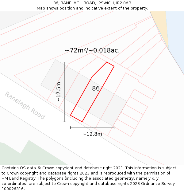 86, RANELAGH ROAD, IPSWICH, IP2 0AB: Plot and title map