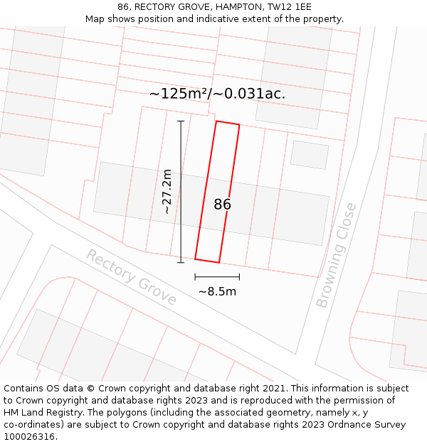 86, RECTORY GROVE, HAMPTON, TW12 1EE: Plot and title map