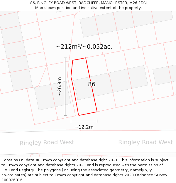 86, RINGLEY ROAD WEST, RADCLIFFE, MANCHESTER, M26 1DN: Plot and title map