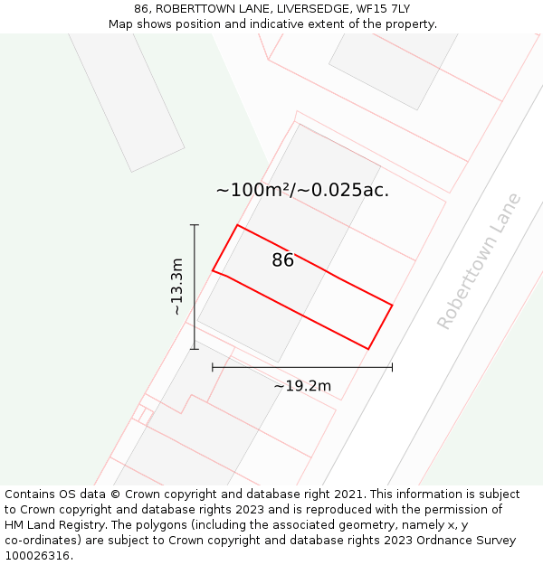 86, ROBERTTOWN LANE, LIVERSEDGE, WF15 7LY: Plot and title map