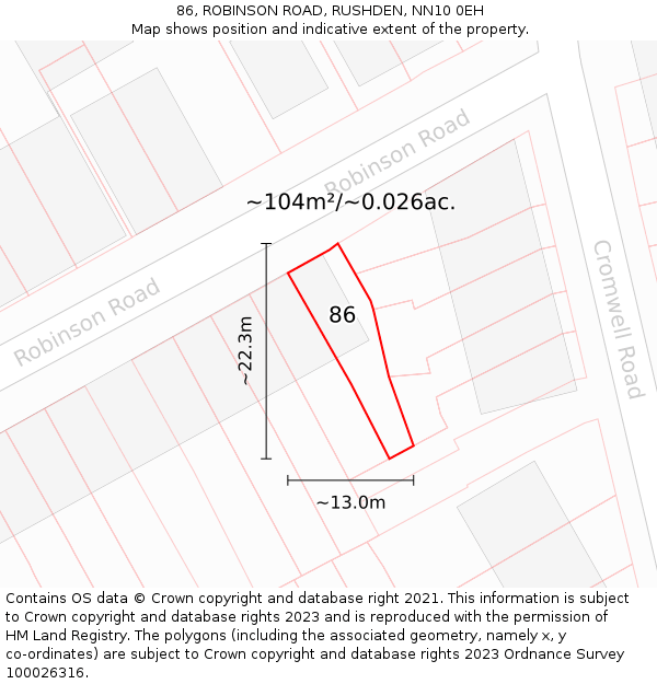 86, ROBINSON ROAD, RUSHDEN, NN10 0EH: Plot and title map