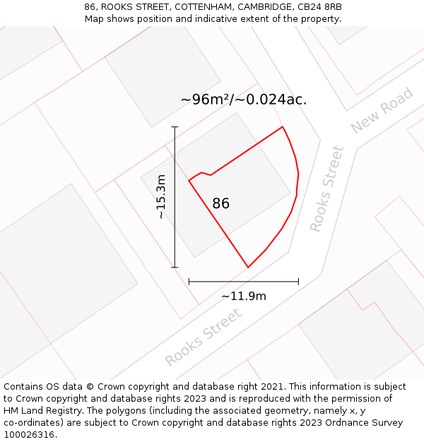 86, ROOKS STREET, COTTENHAM, CAMBRIDGE, CB24 8RB: Plot and title map