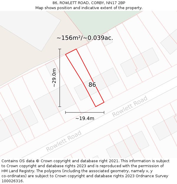 86, ROWLETT ROAD, CORBY, NN17 2BP: Plot and title map