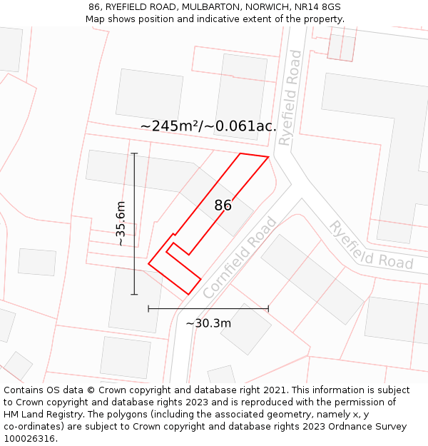 86, RYEFIELD ROAD, MULBARTON, NORWICH, NR14 8GS: Plot and title map