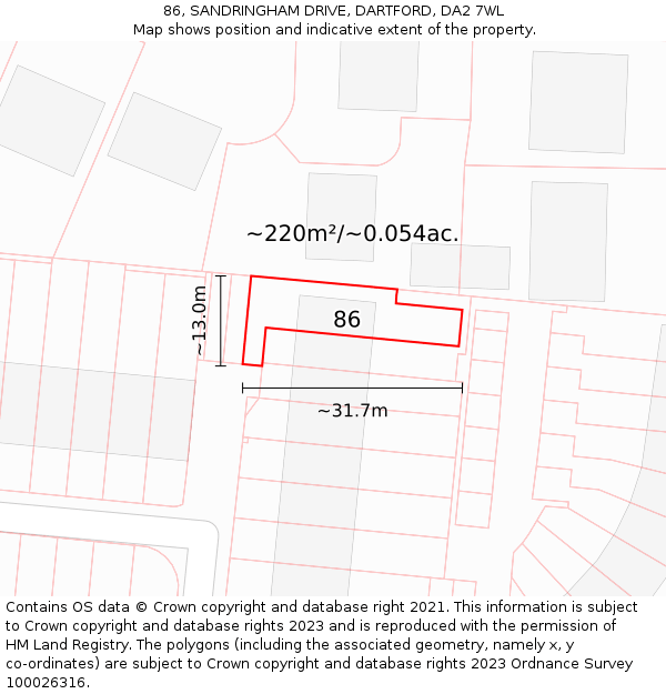 86, SANDRINGHAM DRIVE, DARTFORD, DA2 7WL: Plot and title map