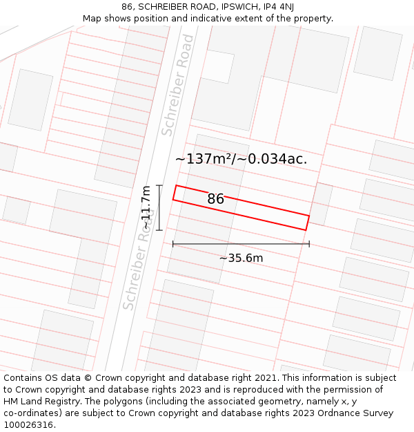 86, SCHREIBER ROAD, IPSWICH, IP4 4NJ: Plot and title map