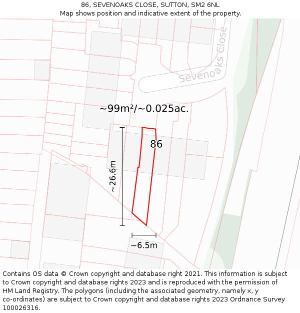 86, SEVENOAKS CLOSE, SUTTON, SM2 6NL: Plot and title map