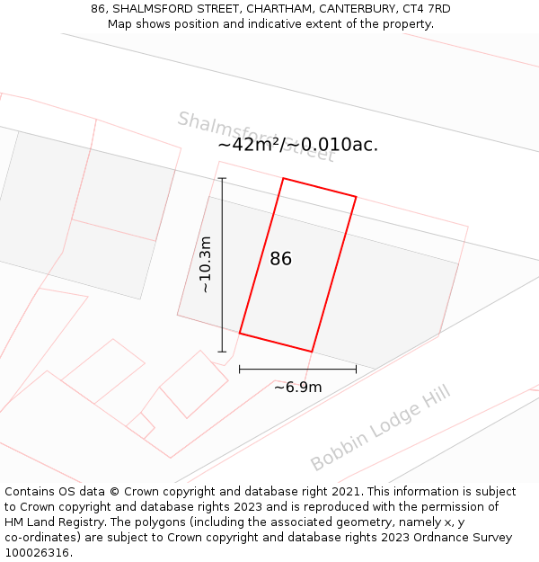 86, SHALMSFORD STREET, CHARTHAM, CANTERBURY, CT4 7RD: Plot and title map
