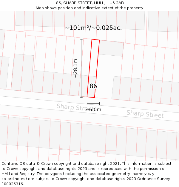 86, SHARP STREET, HULL, HU5 2AB: Plot and title map