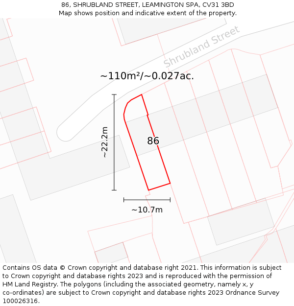 86, SHRUBLAND STREET, LEAMINGTON SPA, CV31 3BD: Plot and title map