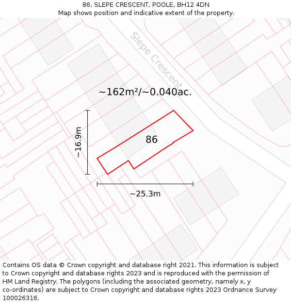 86, SLEPE CRESCENT, POOLE, BH12 4DN: Plot and title map