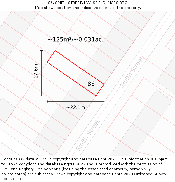 86, SMITH STREET, MANSFIELD, NG18 3BG: Plot and title map