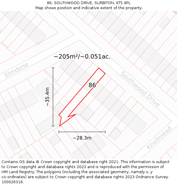 86, SOUTHWOOD DRIVE, SURBITON, KT5 9PL: Plot and title map