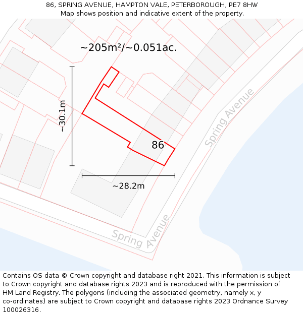 86, SPRING AVENUE, HAMPTON VALE, PETERBOROUGH, PE7 8HW: Plot and title map