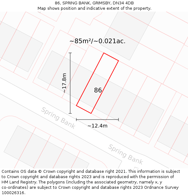 86, SPRING BANK, GRIMSBY, DN34 4DB: Plot and title map