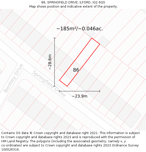 86, SPRINGFIELD DRIVE, ILFORD, IG2 6QS: Plot and title map