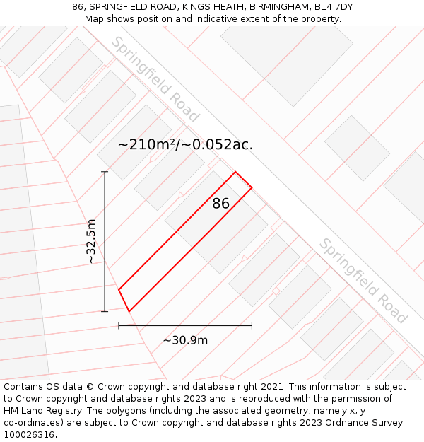 86, SPRINGFIELD ROAD, KINGS HEATH, BIRMINGHAM, B14 7DY: Plot and title map