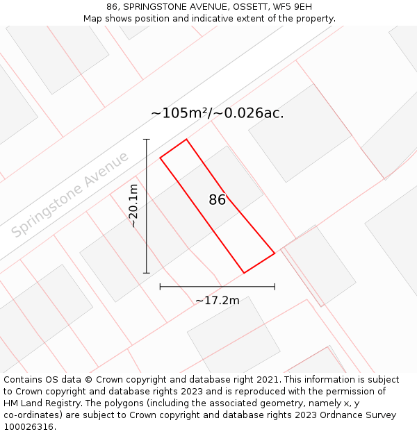 86, SPRINGSTONE AVENUE, OSSETT, WF5 9EH: Plot and title map
