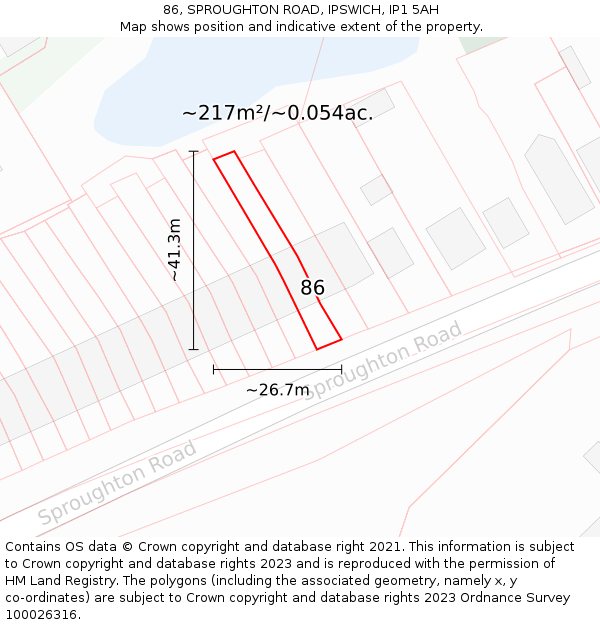 86, SPROUGHTON ROAD, IPSWICH, IP1 5AH: Plot and title map