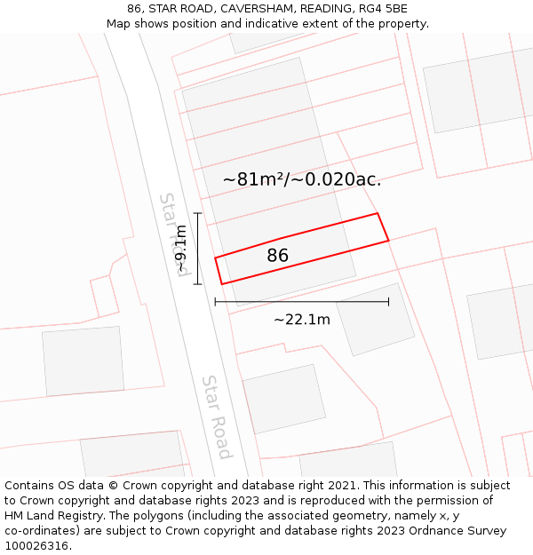 86, STAR ROAD, CAVERSHAM, READING, RG4 5BE: Plot and title map