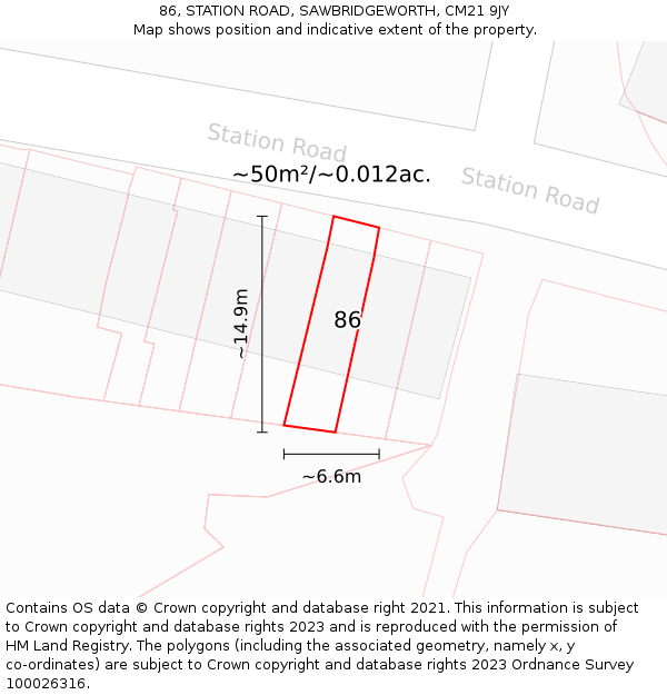 86, STATION ROAD, SAWBRIDGEWORTH, CM21 9JY: Plot and title map
