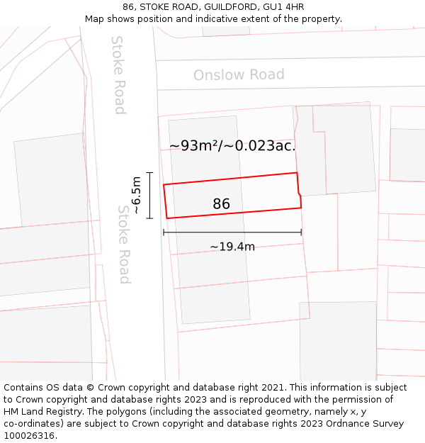 86, STOKE ROAD, GUILDFORD, GU1 4HR: Plot and title map