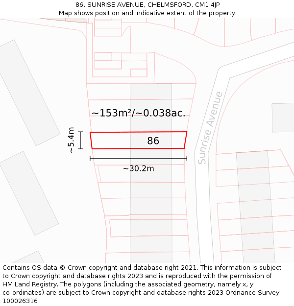 86, SUNRISE AVENUE, CHELMSFORD, CM1 4JP: Plot and title map