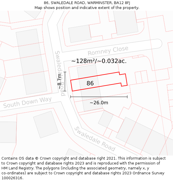 86, SWALEDALE ROAD, WARMINSTER, BA12 8FJ: Plot and title map