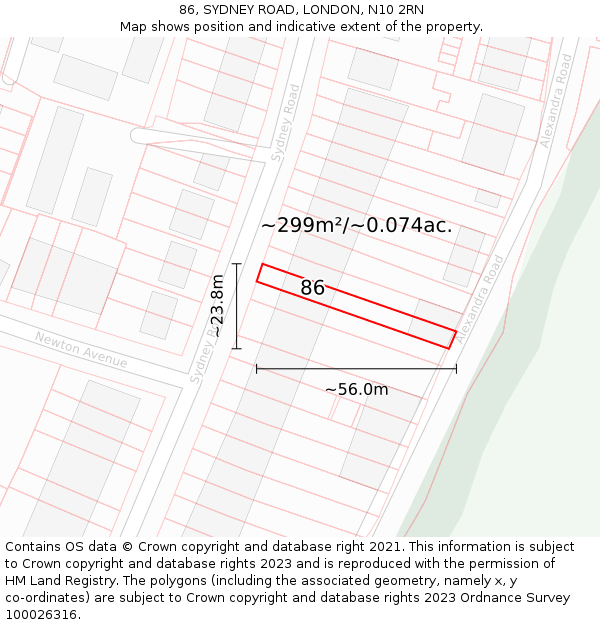 86, SYDNEY ROAD, LONDON, N10 2RN: Plot and title map