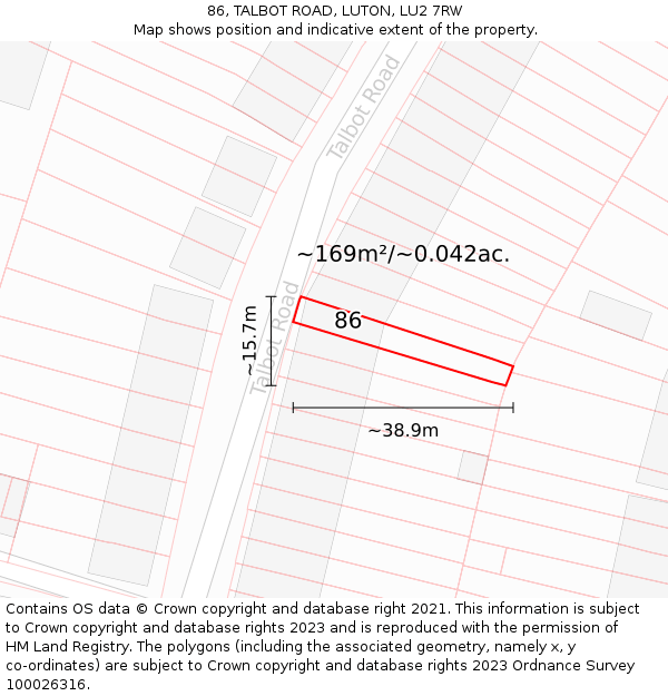 86, TALBOT ROAD, LUTON, LU2 7RW: Plot and title map