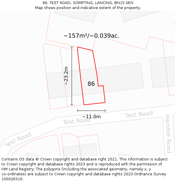 86, TEST ROAD, SOMPTING, LANCING, BN15 0EN: Plot and title map