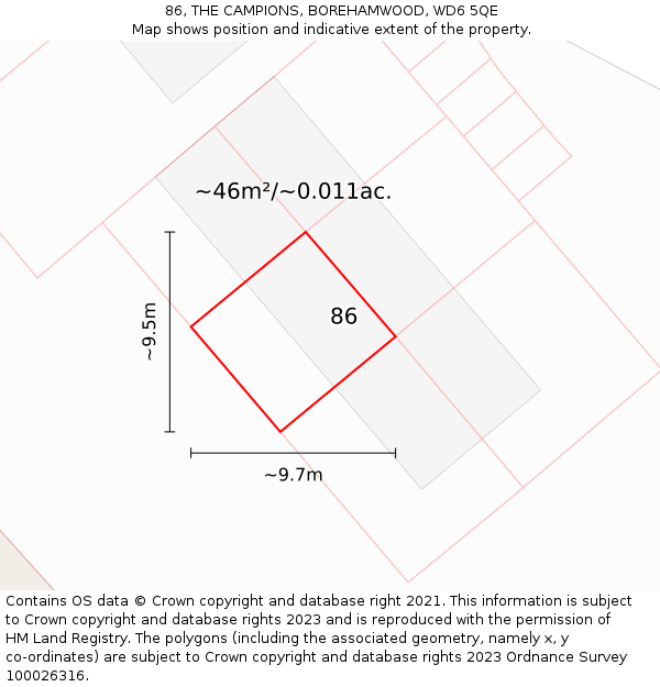 86, THE CAMPIONS, BOREHAMWOOD, WD6 5QE: Plot and title map